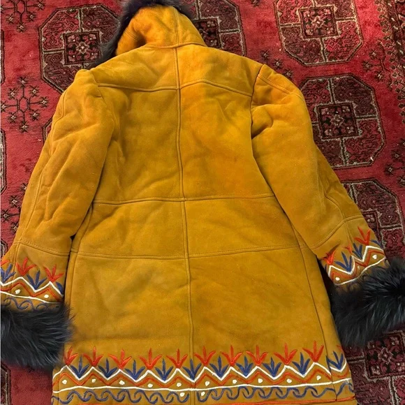 Women's Mustard Genuine Suede Shearling Coat with Real Fur Trim – Embroidered - Picture 5 of 6